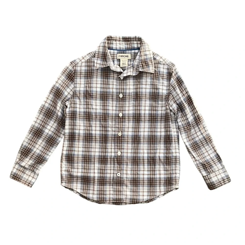Lot of 2 Boys Shirts OshKosh Flannel Blue Cherokee‎ Plaid Cotton Long Sleeve 6 7